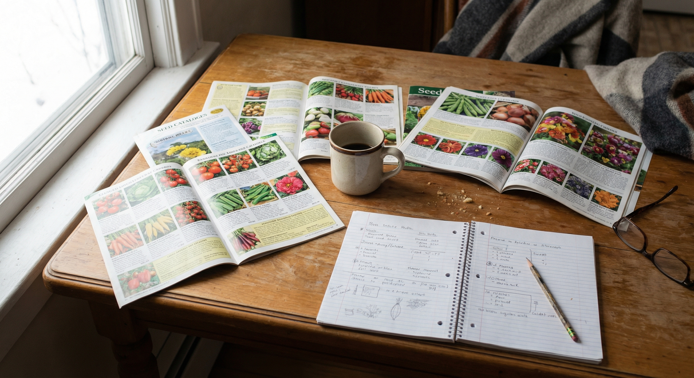 Seed catalogs on the kitchen table